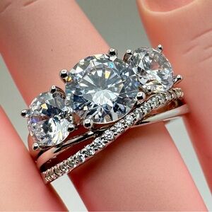 925 Sterling Silver CZ 3 Stone Engagement Ring Set Size 8